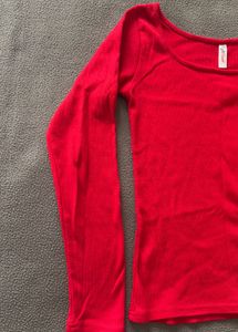 Red Ribbed Scoop-Neck Long Sleeve Top