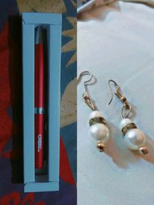 Cherry Pen And Pearl Earrings Combo