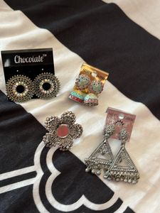 Earrings And One Finger Oxidised Ring