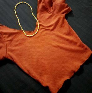 Brown Ribbed V-Neck Crop Top