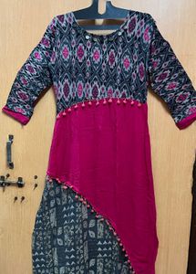 Ikat Fusion Kurti - Grey/Pink - Size L