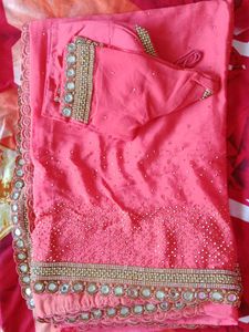 Pich Colour Mirror Work Saree