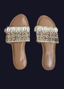 Handcrafted beaded shell tan slides Dilli Haa