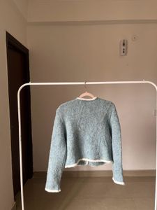 Powder Blue Wool Blend Boucle Cardigan