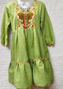 Green Dress With Red Embroidered Patch Work