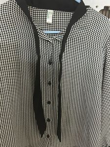 Houndstooth Blouse with Tie Neck