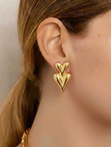 Gold Double Heart Drop Earrings
