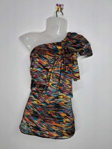 Abstract One-Shoulder Mini Dress With Side Zip.