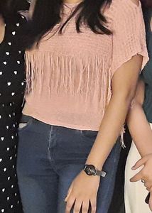 Peach Fringe Cold Shoulder Top
