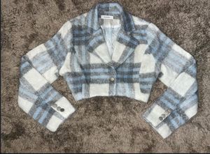 Blue Tweed Plaid Woolen Crop Sweater – Women’s