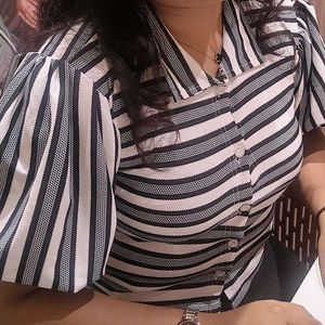 Blue and White Puff Sleeve Top