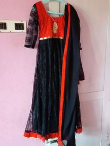 Black And Red Umbrella Kurti With Dupatta