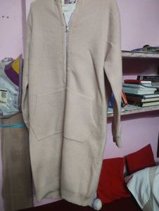 Beige Longline Zip-Up Hoodie