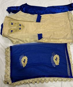 Elegant Beige &amp; Blue Embroidered Salwar Kameez
