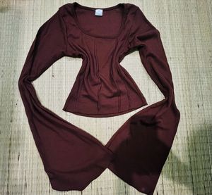 Coffee Brown Ribbed Long Sleeve Top