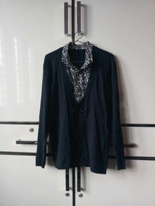 Winterwear Black Cardigan With Floral Shir
