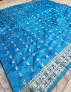 blue kataan saree with silver zari work