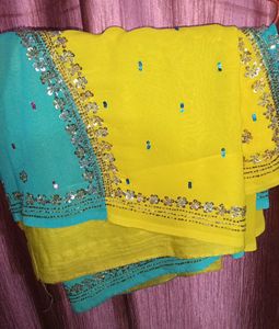 Lime Green Heavy Saree Along Stiched Blouse