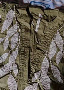 Olive Green Cotton Top with White Leaf Embroidery