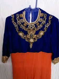 Elegant Blue &amp; Orange Ethnic Gown