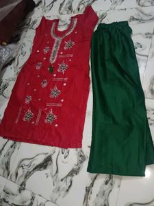 Red Embroidered Kurti with Green Pants