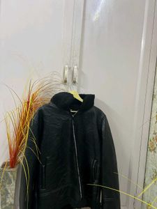 Black Faux Leather &amp; Shearling Aviator Jacket