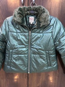 Green Puffer Jacket with Faux Fur
