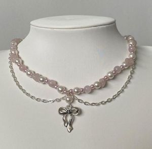 Rose Quartz & Pearl Ballet Bow Necklace