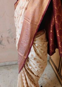 beautiful 😍 Cream &amp; Maroon slik pattu Saree 🔥