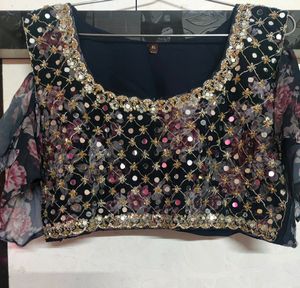 Designer BRAND NEW Crop Top With Sharara , Convertible To Cold Shoulder Or Regular Ruffle Sleeves , Georget, Mirror Work Size- XL,With Expandable Zip