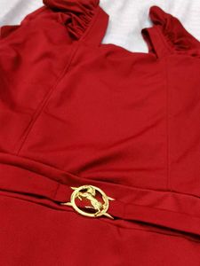 Elegant Red Party Dress with Gold Buckle