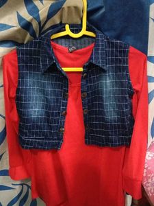 Girls Red Top with Denim Vest