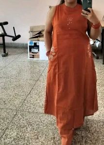 Orange Embroidered Kurti Set