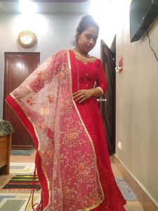 RED ANARKALI FLARED GOWN WITH EMBROIDERED DOPATTA