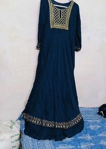 Teal Embroidered Gown With Long Dupatta