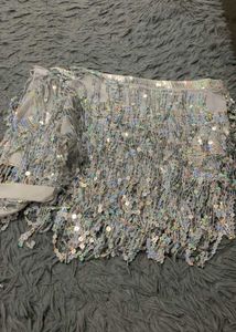 Cord Silver Fringe Belly Dance Hip Top Wrap Skirt