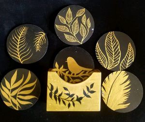 Hand-painted soaster set of 6 with Holder