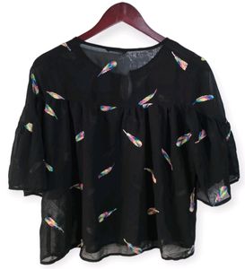HSTYLE Black Feather Design Tie-Neck Dress Women