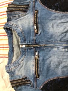 Blue Denim Jacket With Lace Work And Golden Zip