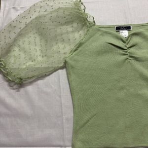 Pastel Green Puff Sleeve Mesh Top