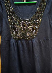 Navy Blue Wool Heavy Neck Work Top Style T-shirt