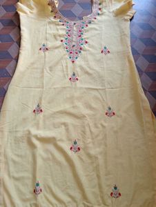 Yellow Embroidery Button Kurti