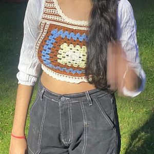 Crochet Crop Top with White Sleeves