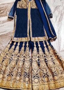 Elegant Navy &amp; Gold Embroidered Kurti Sharara Set