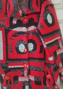 Red Patterned Button-Down Long Sweater coat