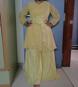 Yellow Outfit With Plazzo And Paplon Top One Sided Shrug💛