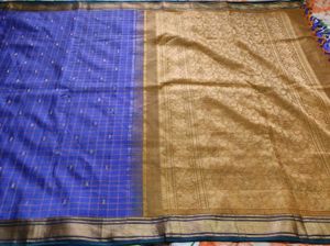 Blue And Golden  Checked Saree