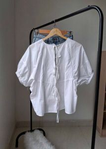 KOREAN White Puff Sleeve Tie-Back Blouse