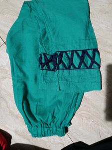 Elegant Navy Blue &amp; Green Embroidered Cotton Suit