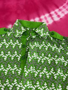 Green Floral Print Chikankari Work Tunic Kurta